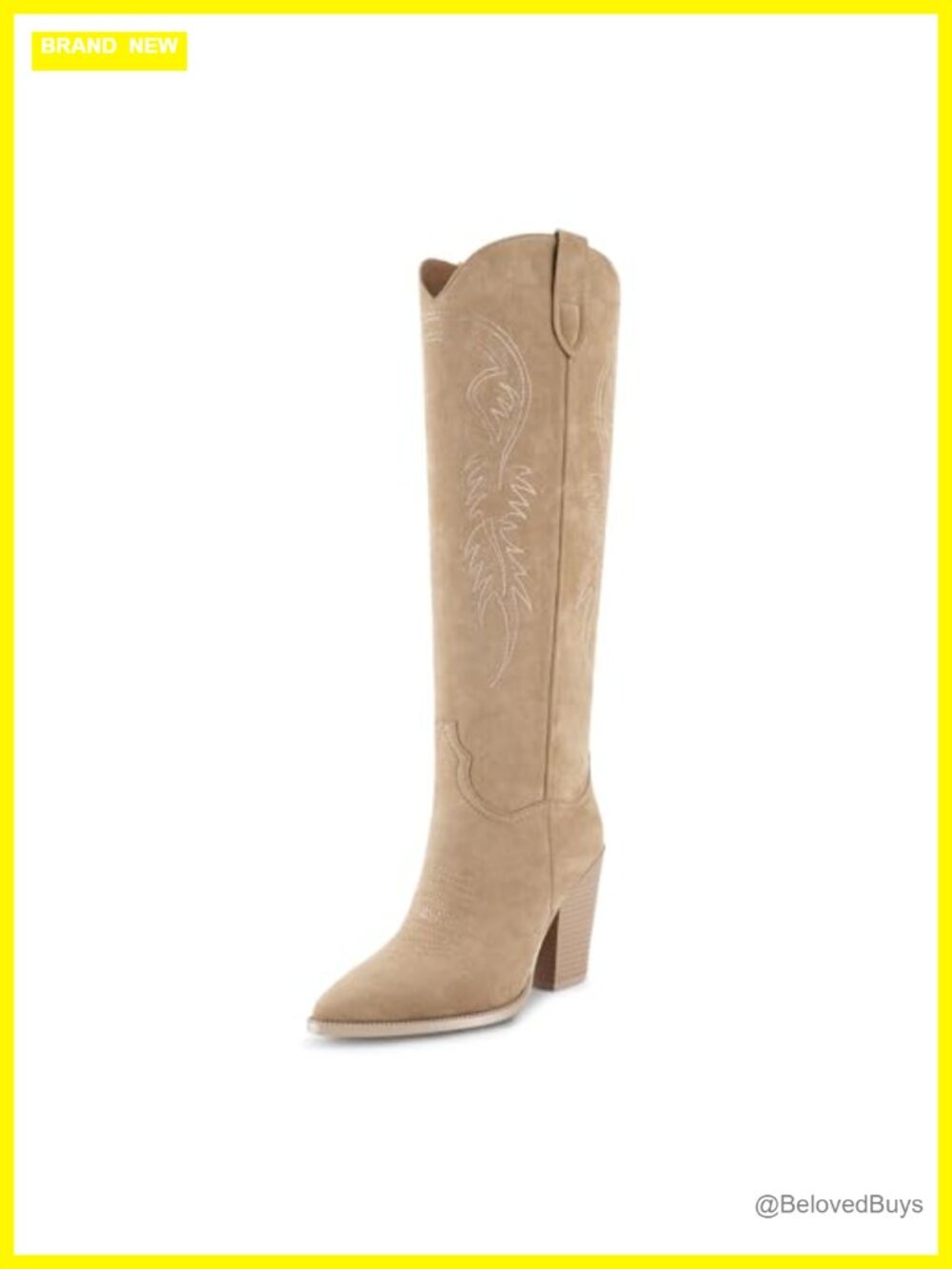 Knee High Cowboy Boots Faux Suede Pointed Toe Chunky Heel Western Boots